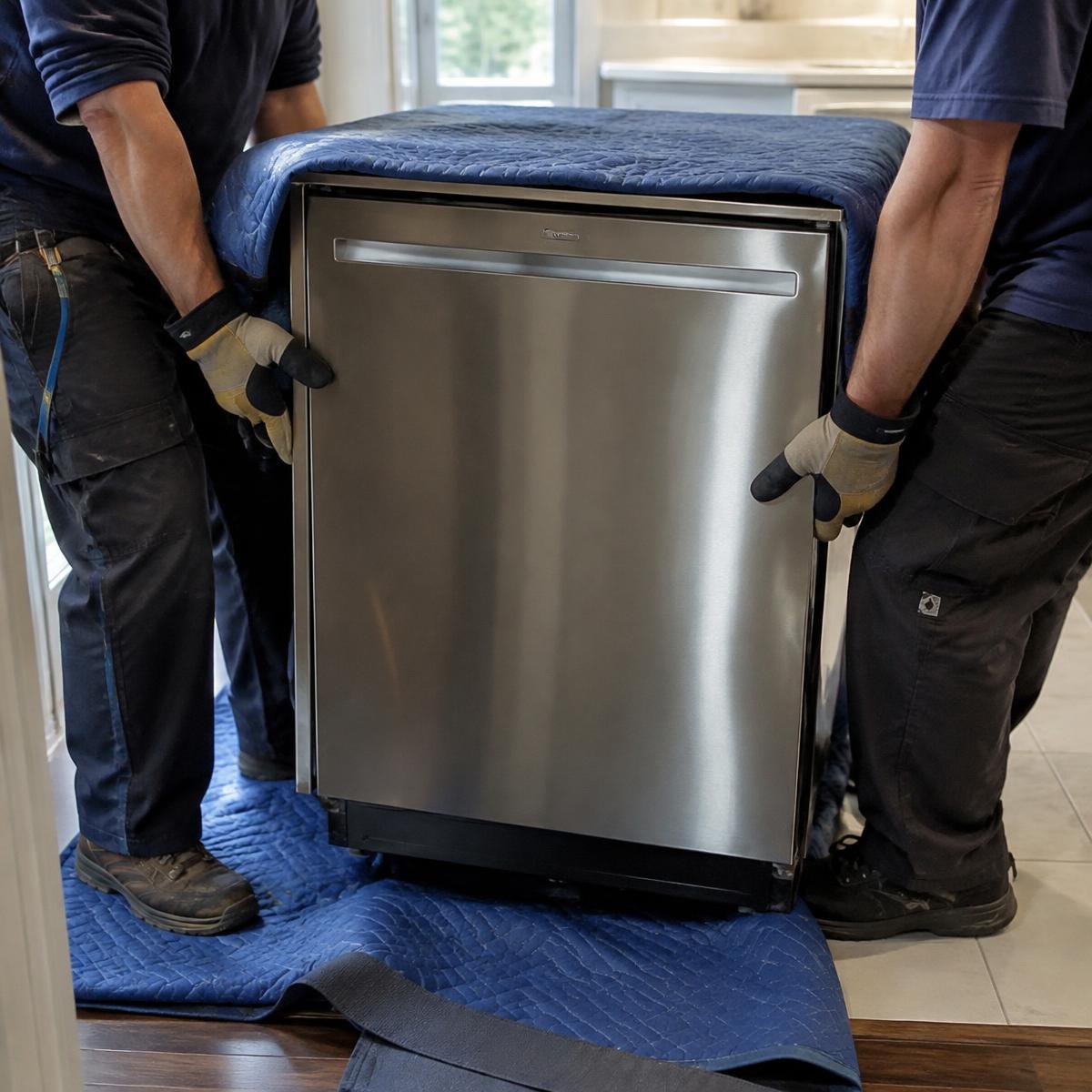 Two workers in gloves carefully lifting a stainless steel dishwasher wrapped in moving blankets