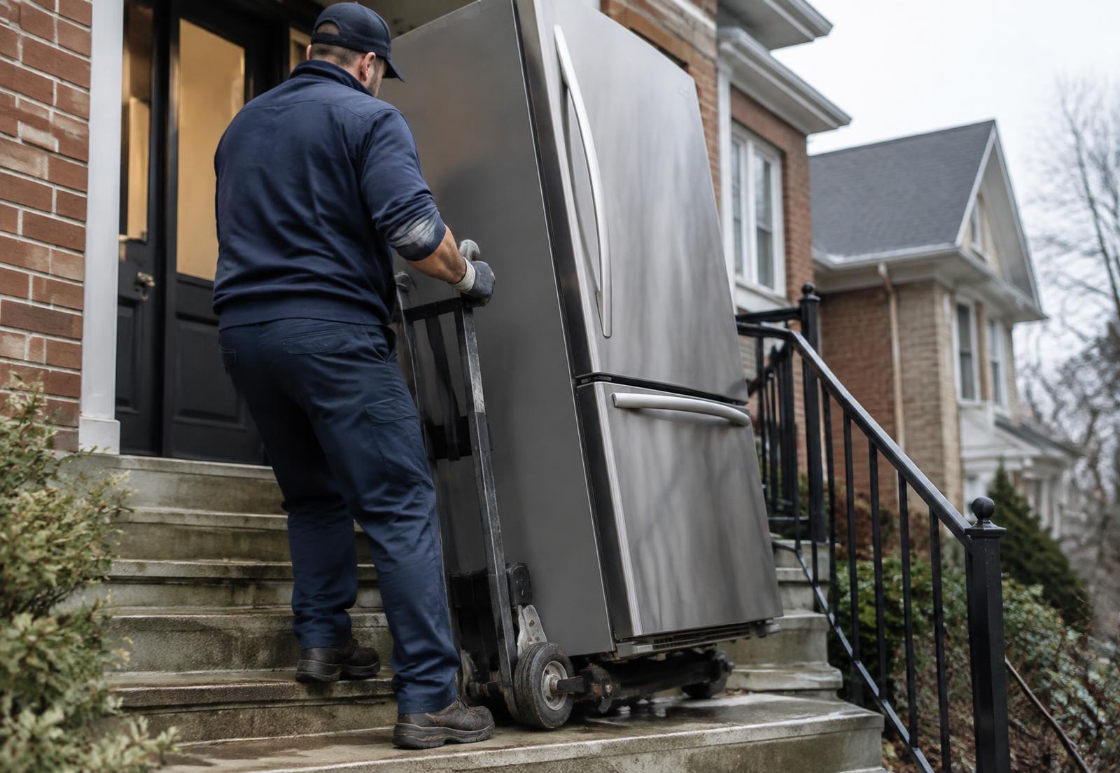 Delivery professional carefully moving a stainless steel refrigerator on a dolly up the steps of a home