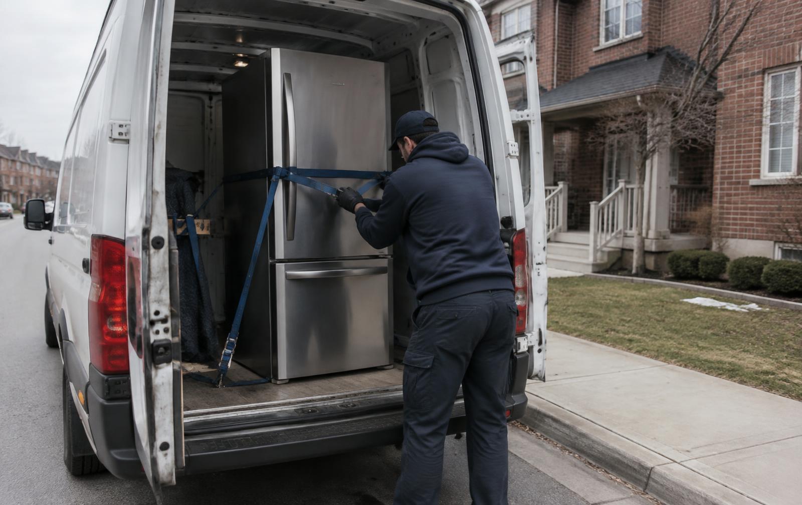 Delivery worker securing a refrigerator with straps inside a cargo van on a residential street